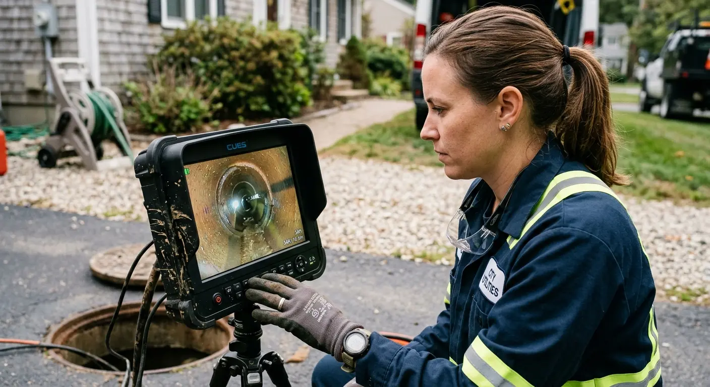 Technician reviewing sewer camera inspection footage in Murrieta