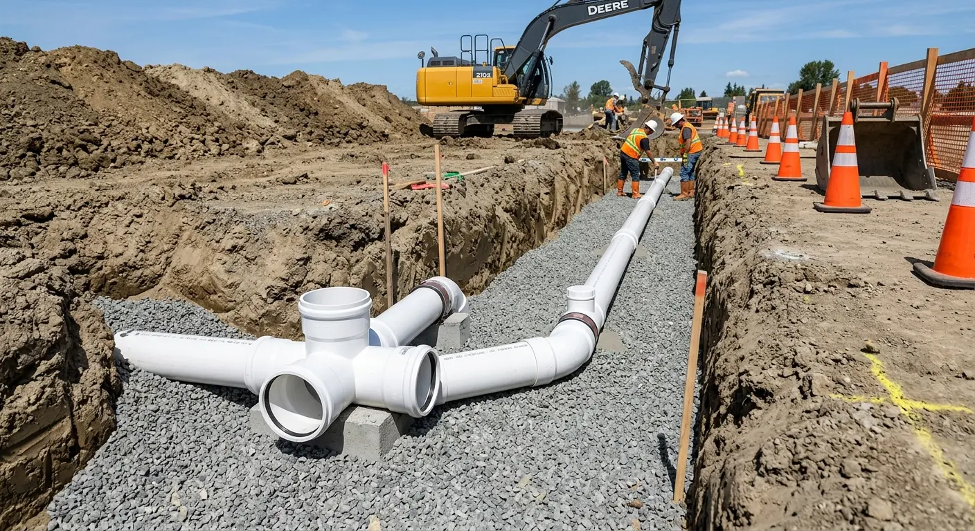 New PVC sewer pipe installation in open trench for Sewer Backup in Murrieta