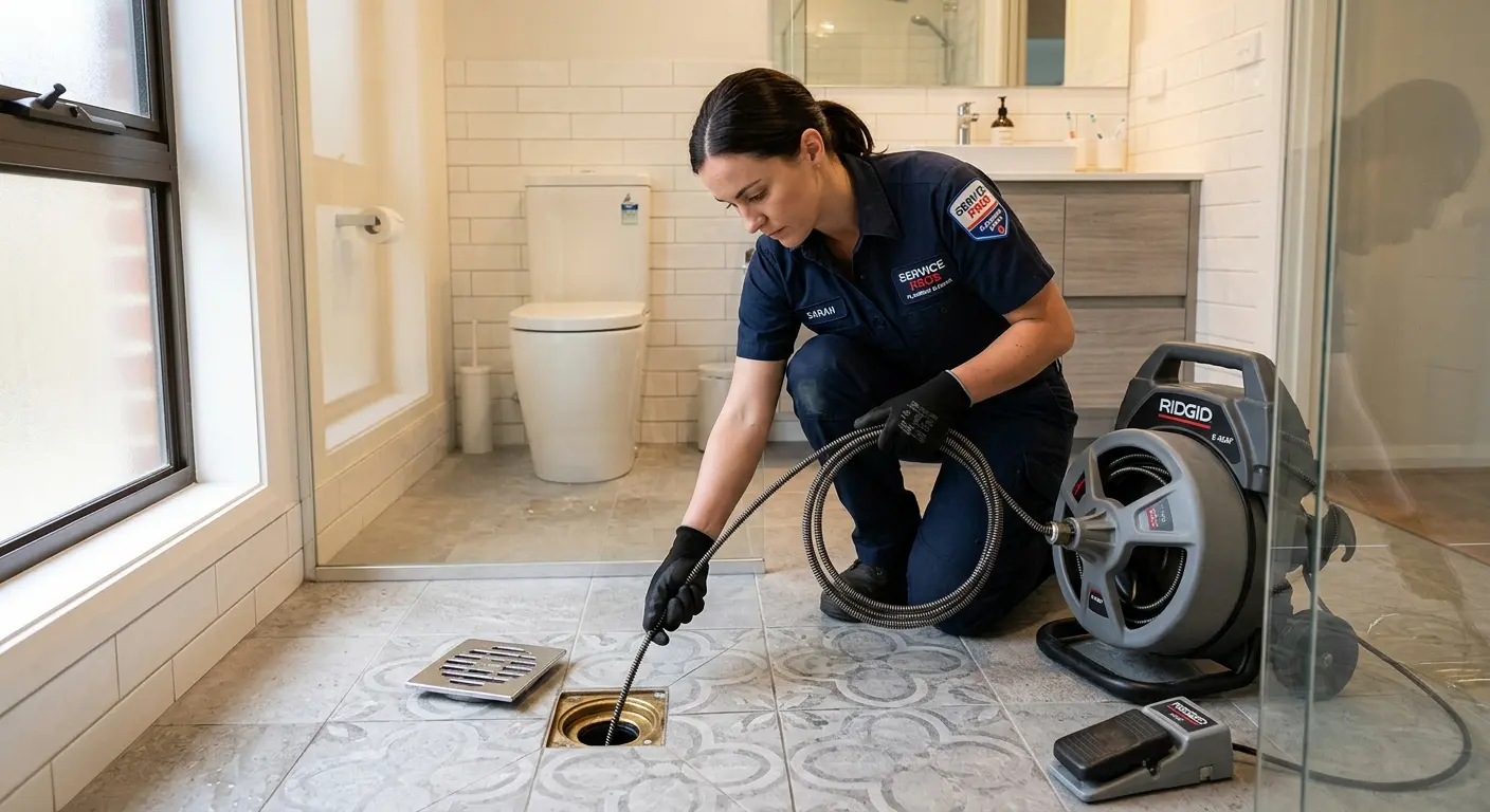 Technician clearing a bathroom floor drain for Sewer Line Replacement in Murrieta
